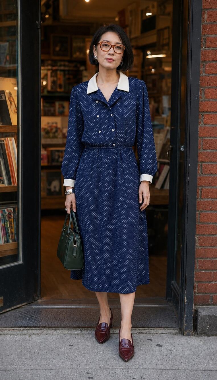Vintage 80s Navy Polka Dot Secretary Dress White Collar Size 12